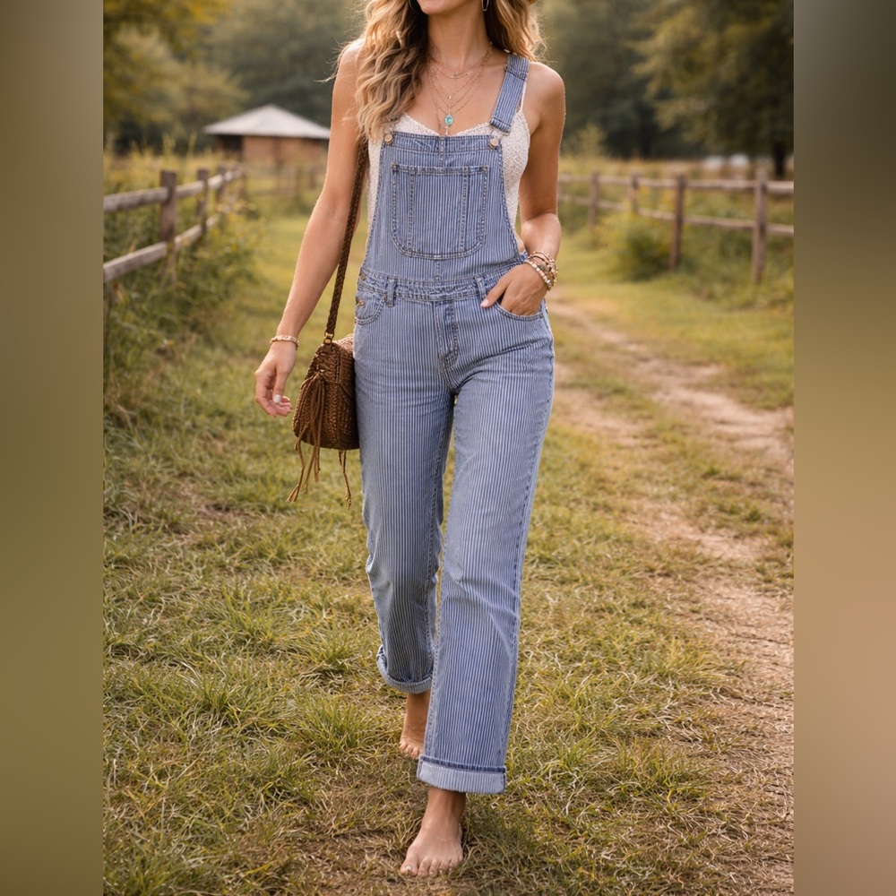 Stylish Women's Railroad Blue Striped Overalls Boho Festival Western